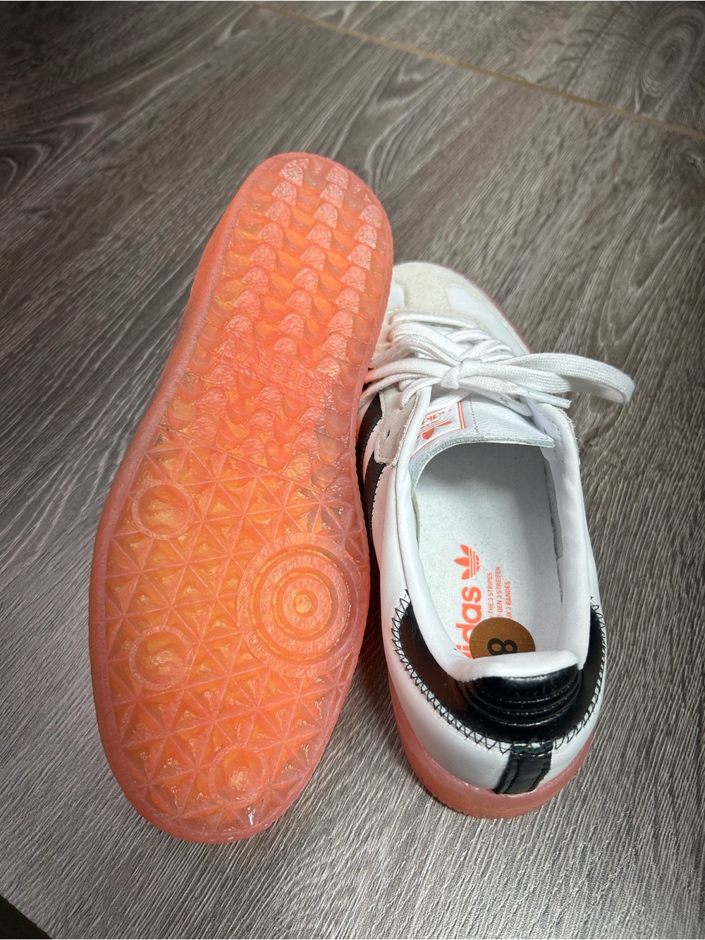 Adidas Samba White Leather Sneakers with Black Stripes & Orange Gum Sole - Picture 5 of 9